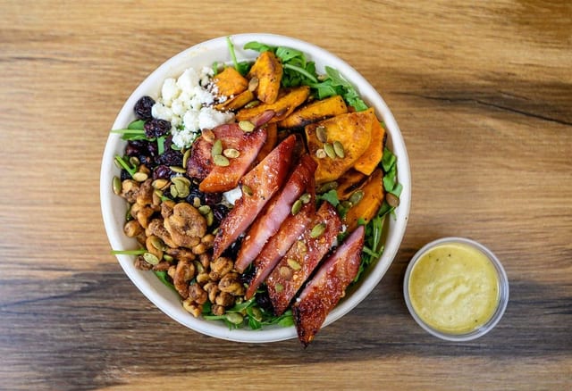 Roasted sweet potato with candied slab bacon.