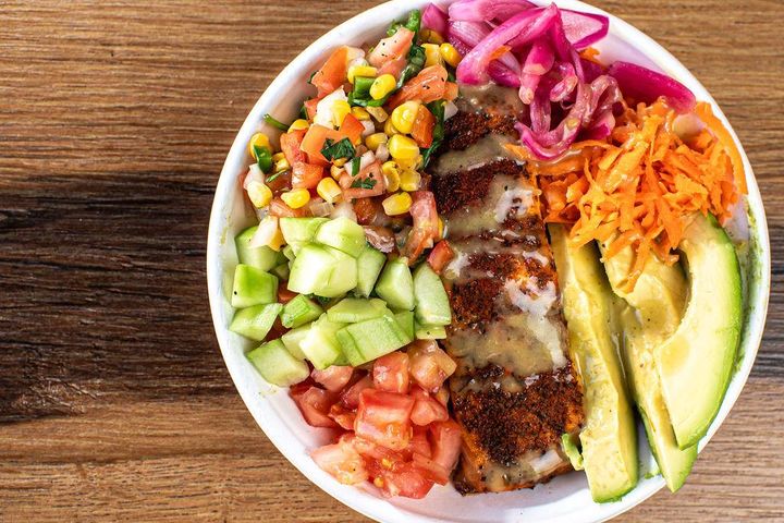 Blackened Salmon Bowl with rice, pico de gallo, and pickled onion