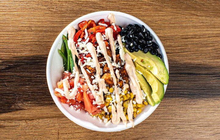 Chipotle Chicken Burrito Bowl with cilantro rice and black beans