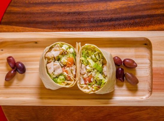 Greek Wrap with feta, olives, cucumber, and pepperoncini