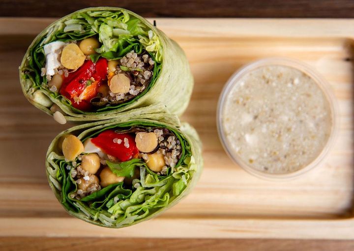 Mediterranean Wrap with feta, chickpeas, olives, and roasted peppers