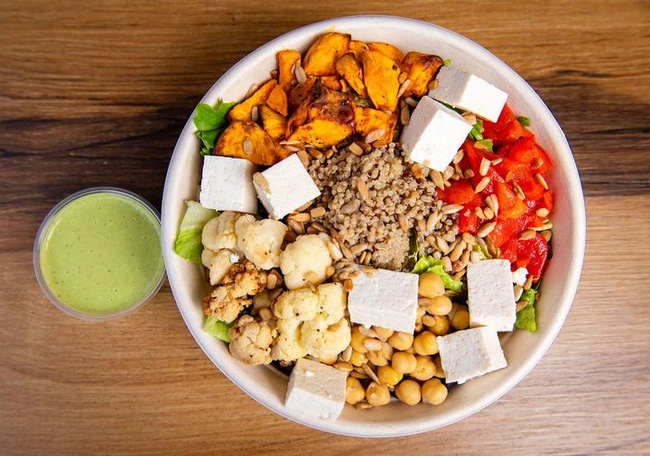 Plant Lover Salad with tofu, roasted cauliflower, and sweet potato