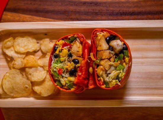 Santa Fe Wrap with chicken, black beans, corn, and avocado